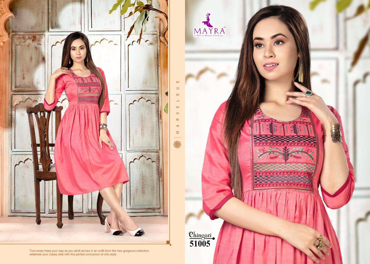 CHINGARI BY MAYRA 51001 TO 51008 SERIES DESIGNER STYLISH FANCY COLORFUL BEAUTIFUL PARTY WEAR & ETHNIC WEAR COLLECTION RAYON EMBROIDERY KURTIS AT WHOLESALE PRICE