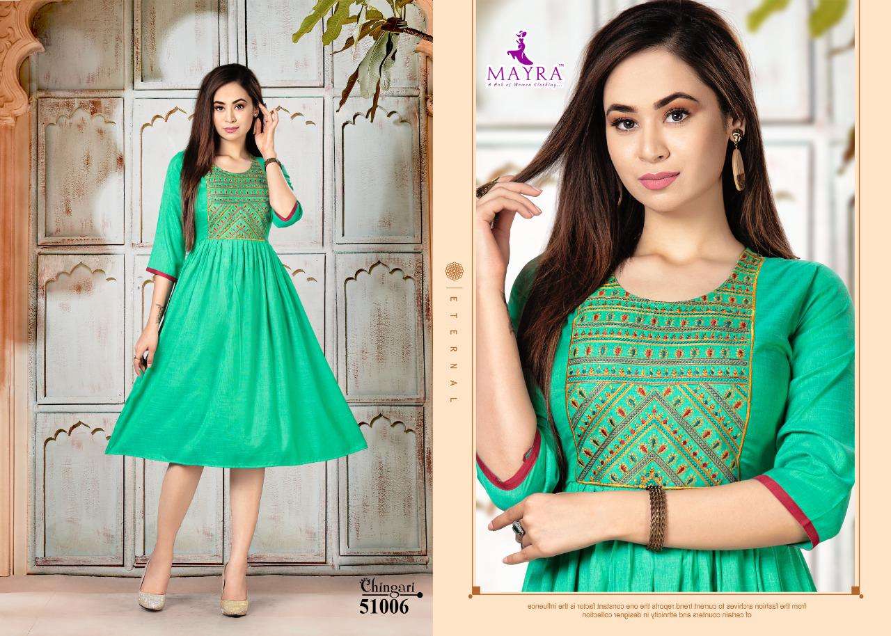 CHINGARI BY MAYRA 51001 TO 51008 SERIES DESIGNER STYLISH FANCY COLORFUL BEAUTIFUL PARTY WEAR & ETHNIC WEAR COLLECTION RAYON EMBROIDERY KURTIS AT WHOLESALE PRICE