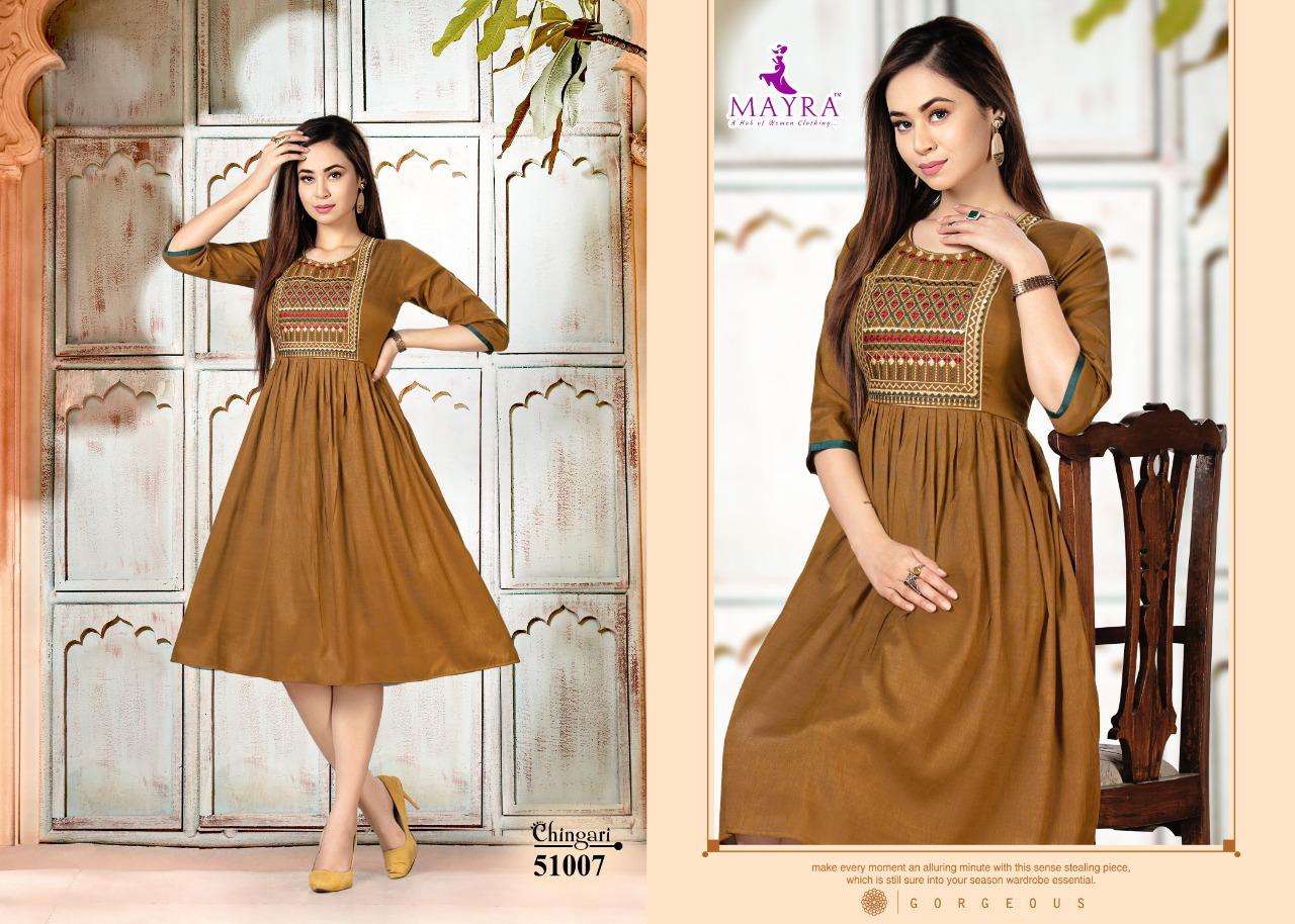 CHINGARI BY MAYRA 51001 TO 51008 SERIES DESIGNER STYLISH FANCY COLORFUL BEAUTIFUL PARTY WEAR & ETHNIC WEAR COLLECTION RAYON EMBROIDERY KURTIS AT WHOLESALE PRICE