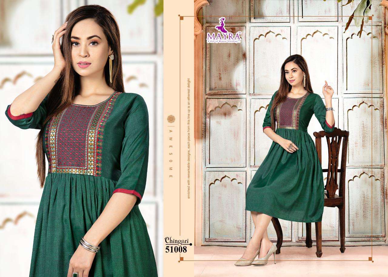 CHINGARI BY MAYRA 51001 TO 51008 SERIES DESIGNER STYLISH FANCY COLORFUL BEAUTIFUL PARTY WEAR & ETHNIC WEAR COLLECTION RAYON EMBROIDERY KURTIS AT WHOLESALE PRICE