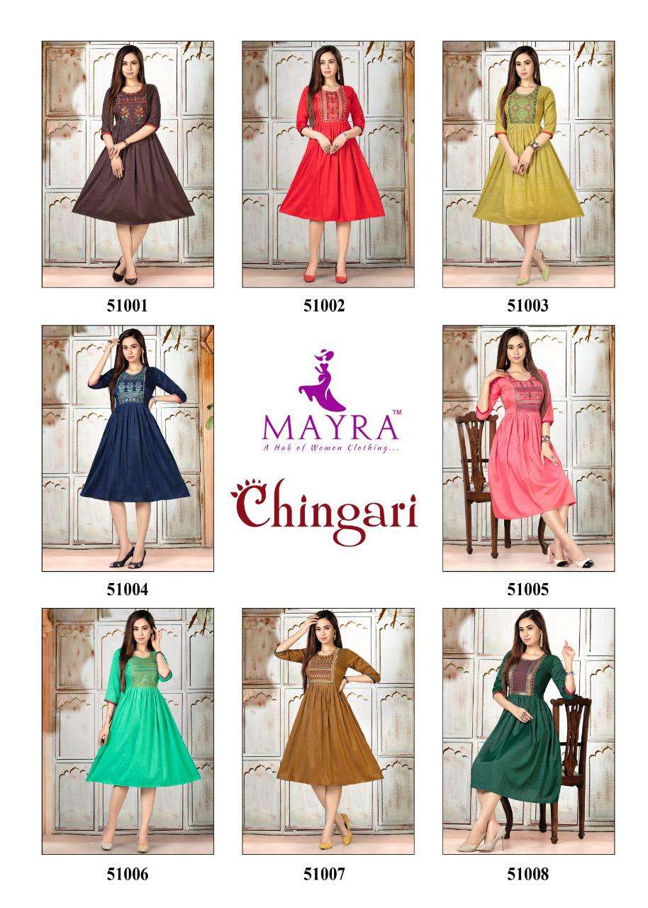 CHINGARI BY MAYRA 51001 TO 51008 SERIES DESIGNER STYLISH FANCY COLORFUL BEAUTIFUL PARTY WEAR & ETHNIC WEAR COLLECTION RAYON EMBROIDERY KURTIS AT WHOLESALE PRICE