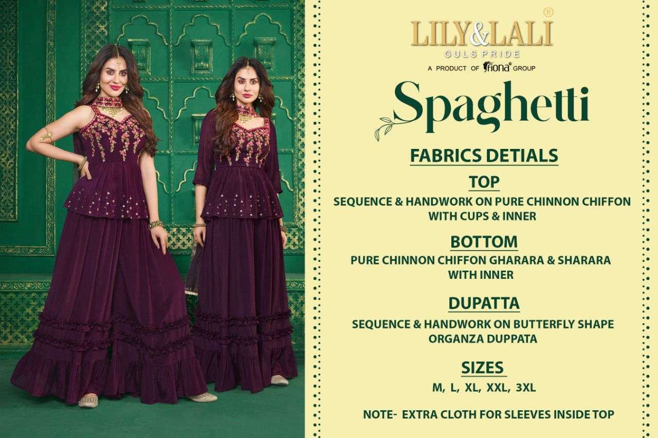 SPAGHETTI BY LILY AND LALI 9001 TO 9006 SERIES BEAUTIFUL SHARARA SUITS COLORFUL STYLISH FANCY CASUAL WEAR & ETHNIC WEAR PURE CHINNON CHIFFON DRESSES AT WHOLESALE PRICE