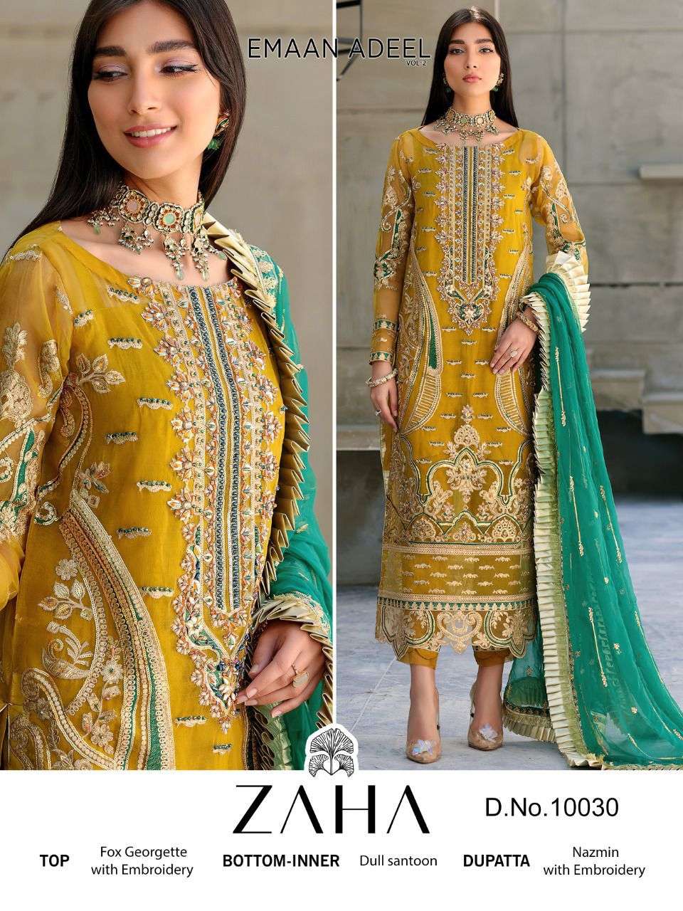 EMAAN ADEEL VOL-2 BY ZAHA 10029 TO 10031 SERIES BEAUTIFUL WINTER COLLECTION SUITS STYLISH FANCY COLORFUL CASUAL WEAR & ETHNIC WEAR FAUX GEORGETTE WITH WORK DRESSES AT WHOLESALE PRICE