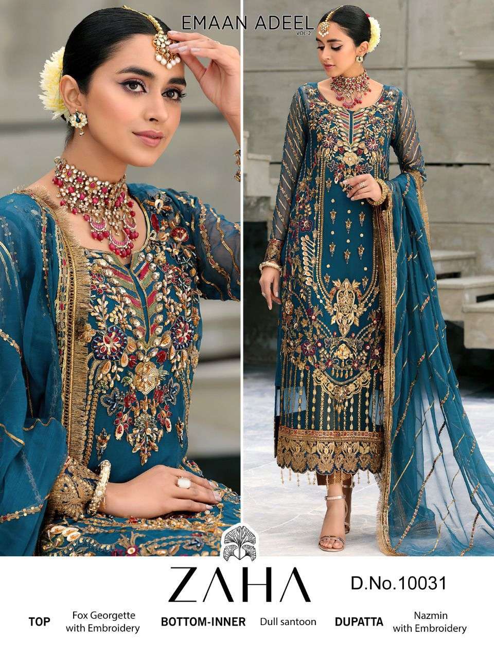 EMAAN ADEEL VOL-2 BY ZAHA 10029 TO 10031 SERIES BEAUTIFUL WINTER COLLECTION SUITS STYLISH FANCY COLORFUL CASUAL WEAR & ETHNIC WEAR FAUX GEORGETTE WITH WORK DRESSES AT WHOLESALE PRICE