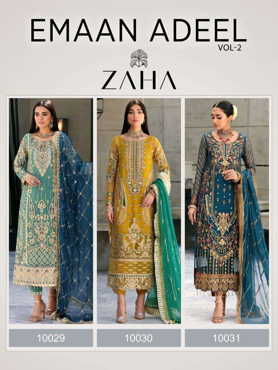 EMAAN ADEEL VOL-2 BY ZAHA 10029 TO 10031 SERIES BEAUTIFUL WINTER COLLECTION SUITS STYLISH FANCY COLORFUL CASUAL WEAR & ETHNIC WEAR FAUX GEORGETTE WITH WORK DRESSES AT WHOLESALE PRICE