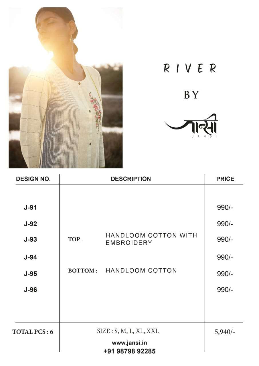 RIVER BY JHANSI 91 TO 96 SERIES DESIGNER STYLISH FANCY COLORFUL BEAUTIFUL PARTY WEAR & ETHNIC WEAR COLLECTION HANDLOOM COTTON KURTIS WITH BOTTOM AT WHOLESALE PRICE