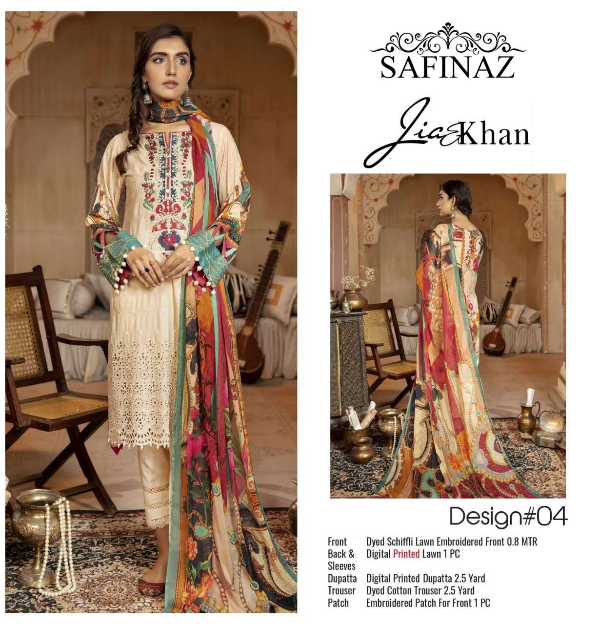JIA KHAN BY SAFINAZ 01 TO 04 SERIES BEAUTIFUL PAKISTANI SUITS COLORFUL STYLISH FANCY CASUAL WEAR & ETHNIC WEAR LAWN EMBROIDERED DRESSES AT WHOLESALE PRICE