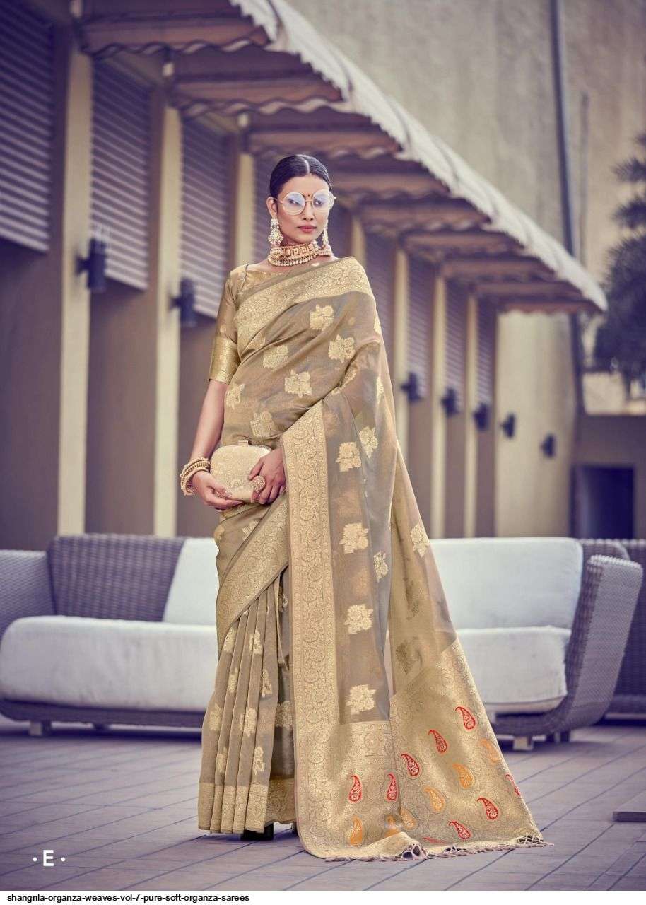 ORGENZA WEAVES VOL-7 BY SHANGRILA A TO F SERIES INDIAN TRADITIONAL WEAR COLLECTION BEAUTIFUL STYLISH FANCY COLORFUL PARTY WEAR & OCCASIONAL WEAR SOFT ORGANZA PRINTED SAREES AT WHOLESALE PRICE