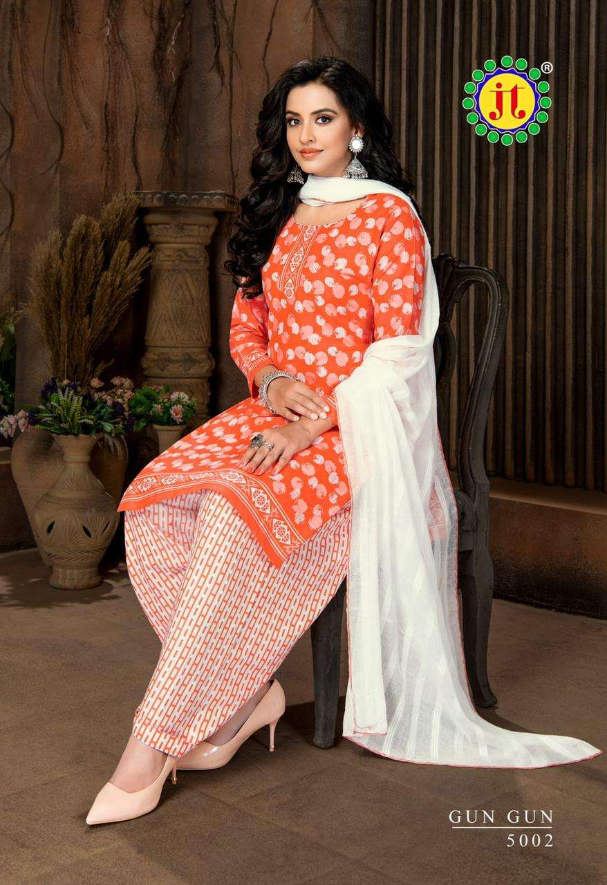 GUN GUN VOL-5 BY JT 5001 TO 5010 SERIES BEAUTIFUL STYLISH SUITS FANCY COLORFUL CASUAL WEAR & ETHNIC WEAR & READY TO WEAR COTTON PRINTED DRESSES AT WHOLESALE PRICE