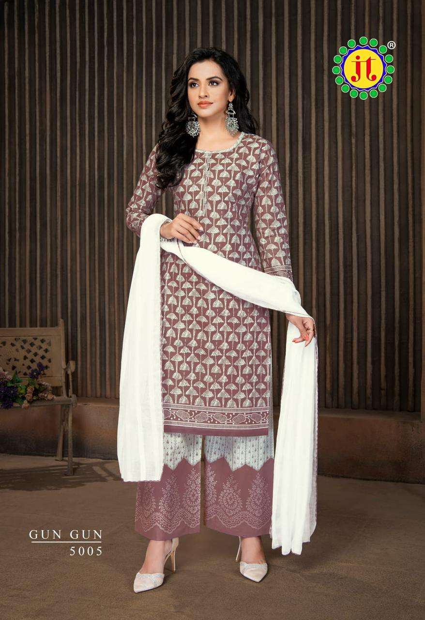 GUN GUN VOL-5 BY JT 5001 TO 5010 SERIES BEAUTIFUL STYLISH SUITS FANCY COLORFUL CASUAL WEAR & ETHNIC WEAR & READY TO WEAR COTTON PRINTED DRESSES AT WHOLESALE PRICE