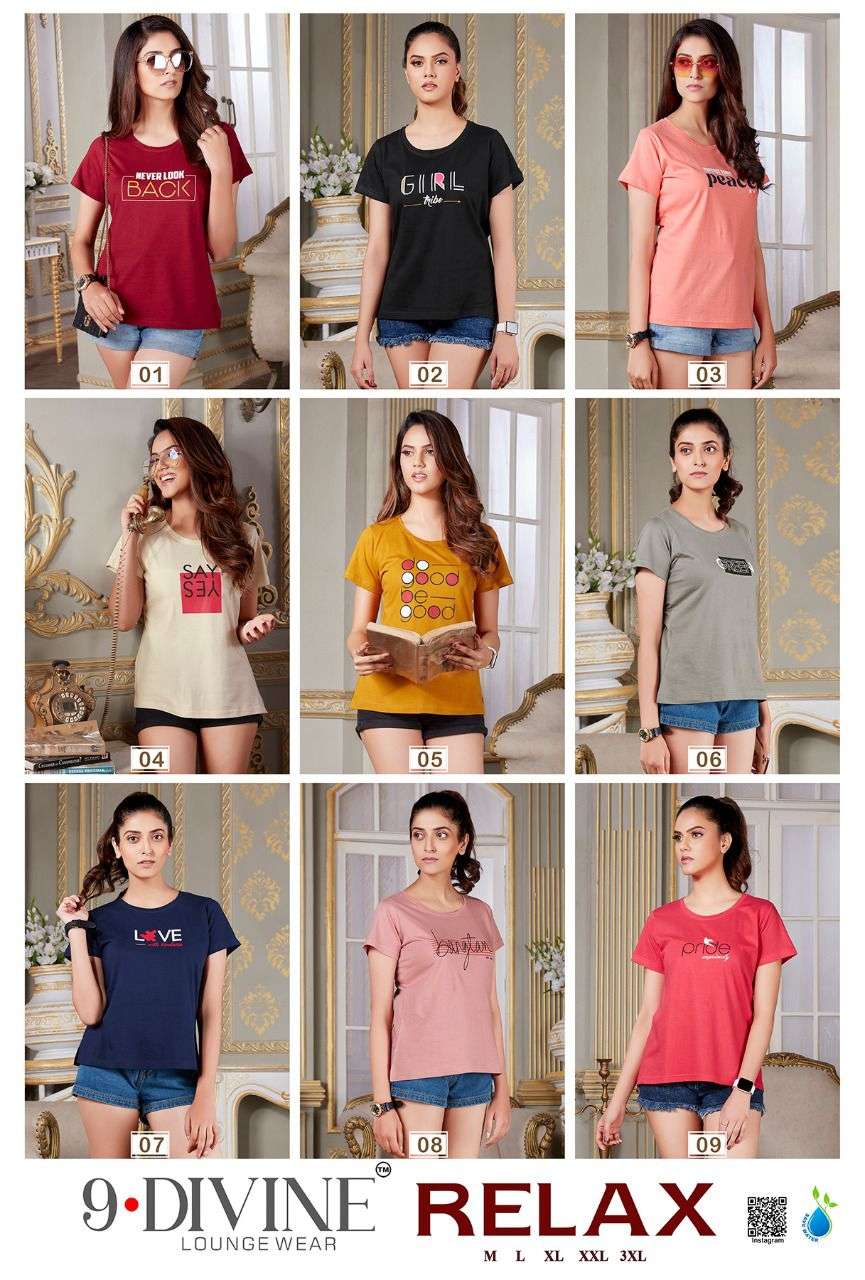 RELAX BY 9 DIVINE 01 TO 09 SERIES BEAUTIFUL STYLISH FANCY COLORFUL CASUAL WEAR & ETHNIC WEAR PURE HOSIERY TOPS AT WHOLESALE PRICE