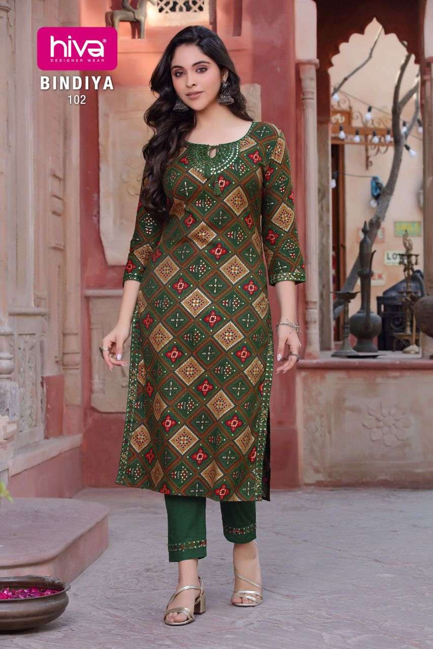 BINDIYA BY HIVA 101 TO 106 SERIES DESIGNER STYLISH FANCY COLORFUL BEAUTIFUL PARTY WEAR & ETHNIC WEAR COLLECTION RAYON PRINT KURTIS WITH BOTTOM AT WHOLESALE PRICE