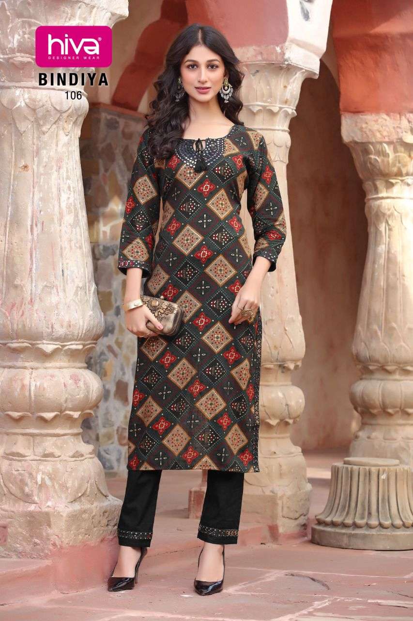 BINDIYA BY HIVA 101 TO 106 SERIES DESIGNER STYLISH FANCY COLORFUL BEAUTIFUL PARTY WEAR & ETHNIC WEAR COLLECTION RAYON PRINT KURTIS WITH BOTTOM AT WHOLESALE PRICE