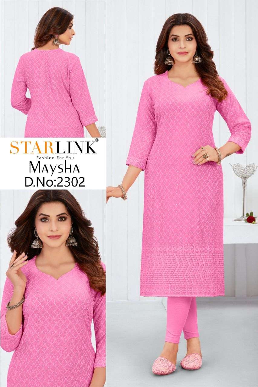 MAYSHA BY STARLINK 2301 TO 2308 SERIES DESIGNER STYLISH FANCY COLORFUL BEAUTIFUL PARTY WEAR & ETHNIC WEAR COLLECTION RAYON EMBROIDERY KURTIS AT WHOLESALE PRICE