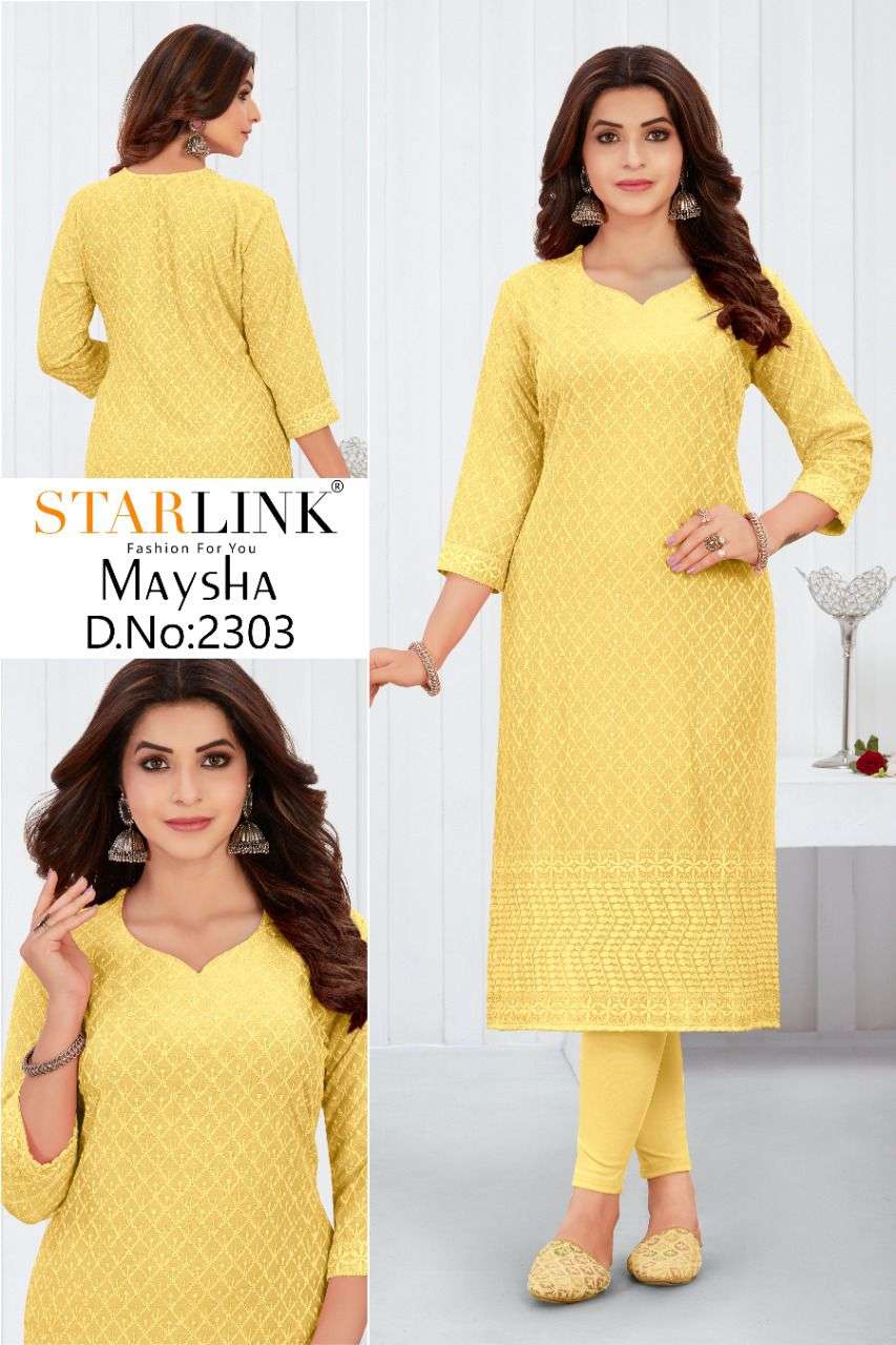 MAYSHA BY STARLINK 2301 TO 2308 SERIES DESIGNER STYLISH FANCY COLORFUL BEAUTIFUL PARTY WEAR & ETHNIC WEAR COLLECTION RAYON EMBROIDERY KURTIS AT WHOLESALE PRICE