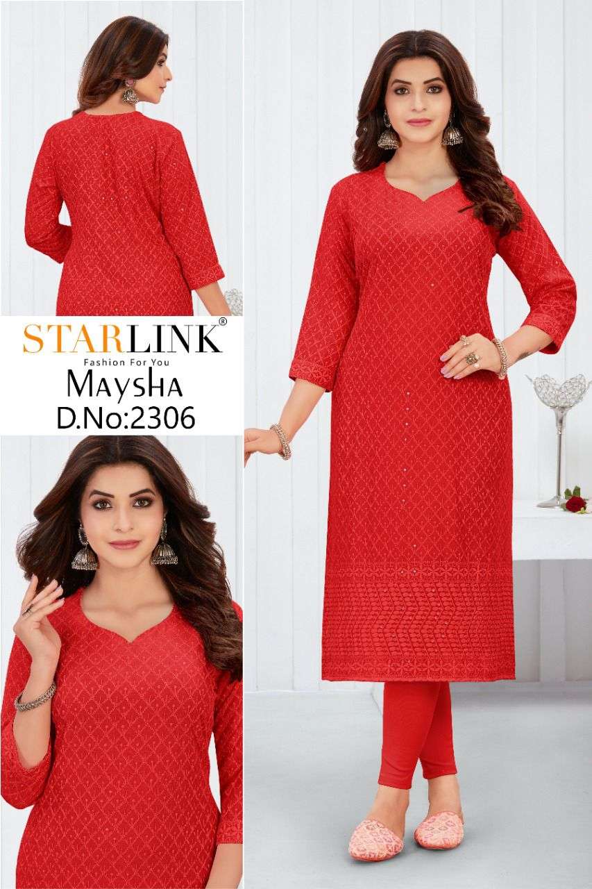 MAYSHA BY STARLINK 2301 TO 2308 SERIES DESIGNER STYLISH FANCY COLORFUL BEAUTIFUL PARTY WEAR & ETHNIC WEAR COLLECTION RAYON EMBROIDERY KURTIS AT WHOLESALE PRICE