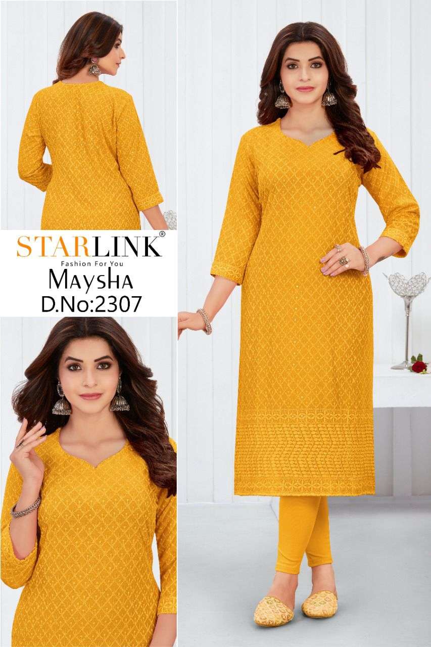 MAYSHA BY STARLINK 2301 TO 2308 SERIES DESIGNER STYLISH FANCY COLORFUL BEAUTIFUL PARTY WEAR & ETHNIC WEAR COLLECTION RAYON EMBROIDERY KURTIS AT WHOLESALE PRICE