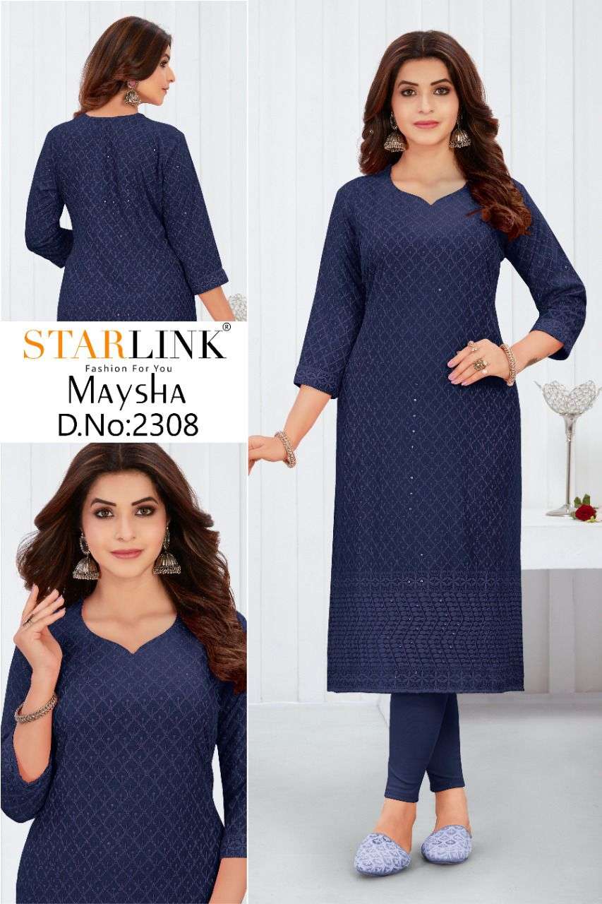 MAYSHA BY STARLINK 2301 TO 2308 SERIES DESIGNER STYLISH FANCY COLORFUL BEAUTIFUL PARTY WEAR & ETHNIC WEAR COLLECTION RAYON EMBROIDERY KURTIS AT WHOLESALE PRICE