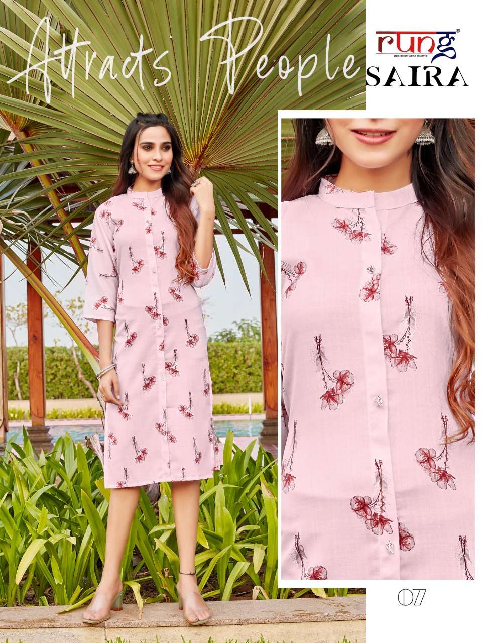 SAIRA BY RUNG 01 TO 08 SERIES DESIGNER STYLISH FANCY COLORFUL BEAUTIFUL PARTY WEAR & ETHNIC WEAR COLLECTION RAYON PRINT KURTIS AT WHOLESALE PRICE
