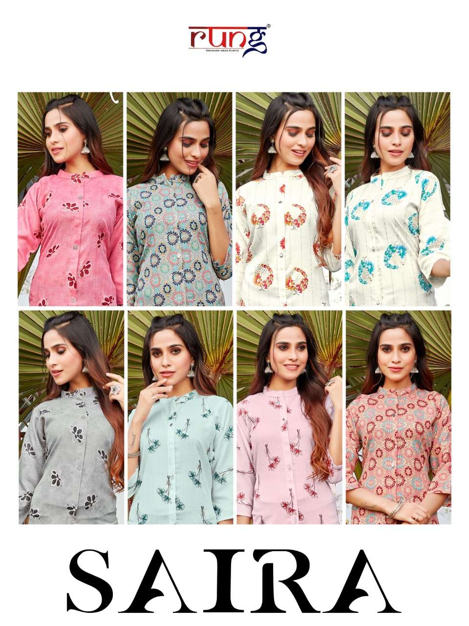 SAIRA BY RUNG 01 TO 08 SERIES DESIGNER STYLISH FANCY COLORFUL BEAUTIFUL PARTY WEAR & ETHNIC WEAR COLLECTION RAYON PRINT KURTIS AT WHOLESALE PRICE