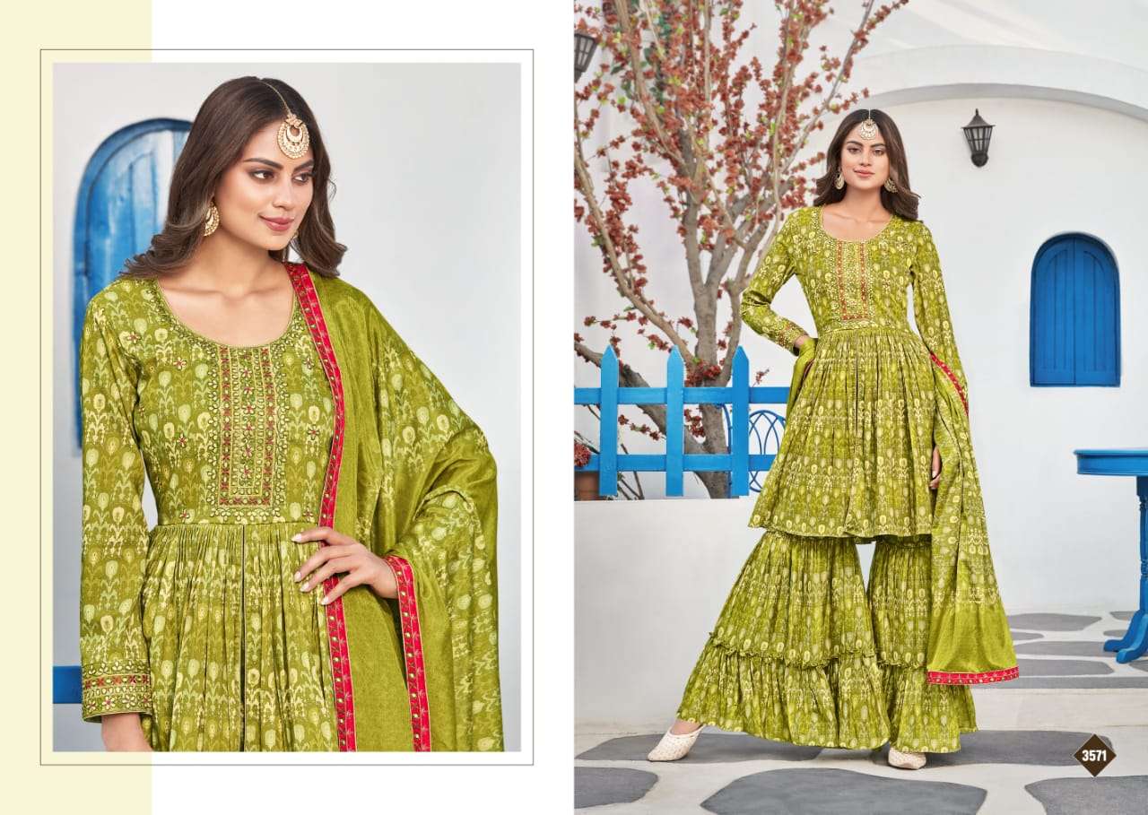 RIWAAZ BY RANGOON 3571 TO 3574 SERIES BEAUTIFUL SHARARA SUITS COLORFUL STYLISH FANCY CASUAL WEAR & ETHNIC WEAR PURE MUSLIN DIGITAL PRINT DRESSES AT WHOLESALE PRICE