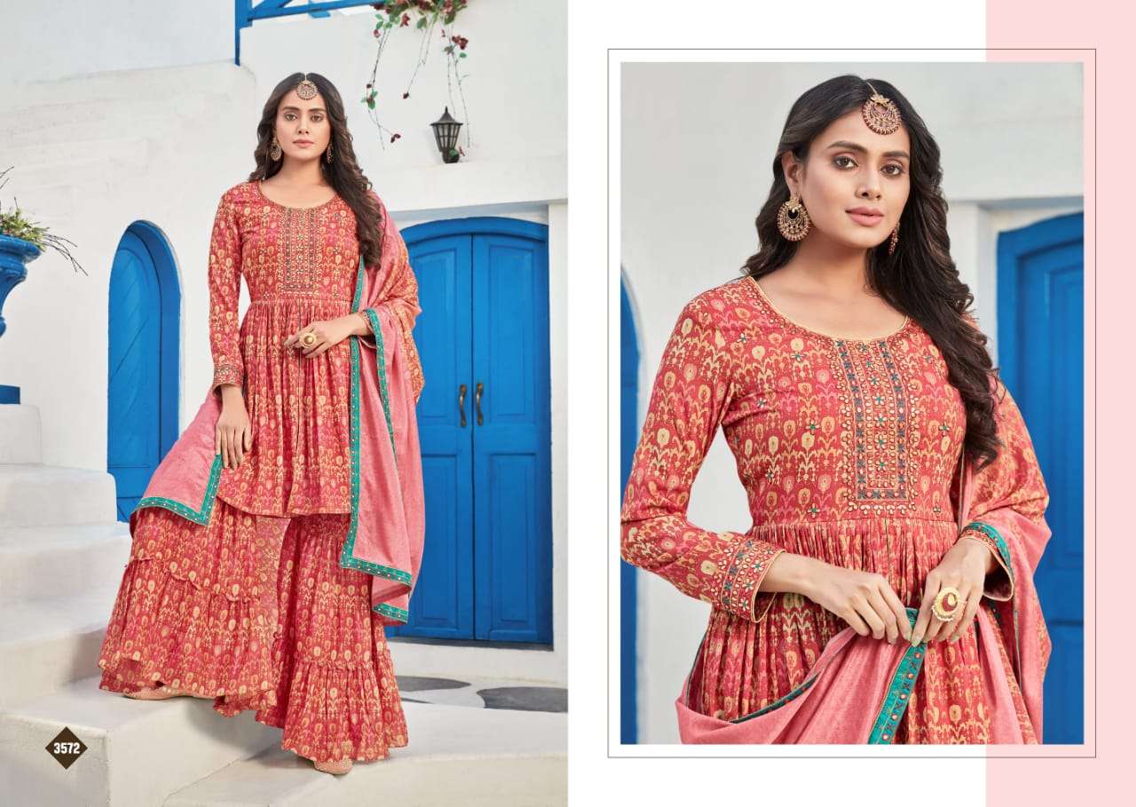 RIWAAZ BY RANGOON 3571 TO 3574 SERIES BEAUTIFUL SHARARA SUITS COLORFUL STYLISH FANCY CASUAL WEAR & ETHNIC WEAR PURE MUSLIN DIGITAL PRINT DRESSES AT WHOLESALE PRICE