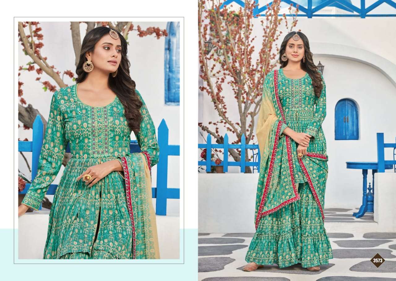 RIWAAZ BY RANGOON 3571 TO 3574 SERIES BEAUTIFUL SHARARA SUITS COLORFUL STYLISH FANCY CASUAL WEAR & ETHNIC WEAR PURE MUSLIN DIGITAL PRINT DRESSES AT WHOLESALE PRICE