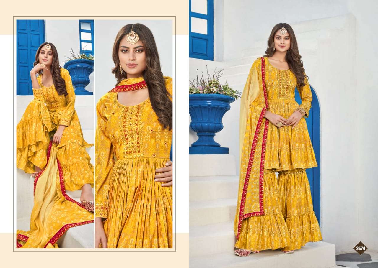 RIWAAZ BY RANGOON 3571 TO 3574 SERIES BEAUTIFUL SHARARA SUITS COLORFUL STYLISH FANCY CASUAL WEAR & ETHNIC WEAR PURE MUSLIN DIGITAL PRINT DRESSES AT WHOLESALE PRICE