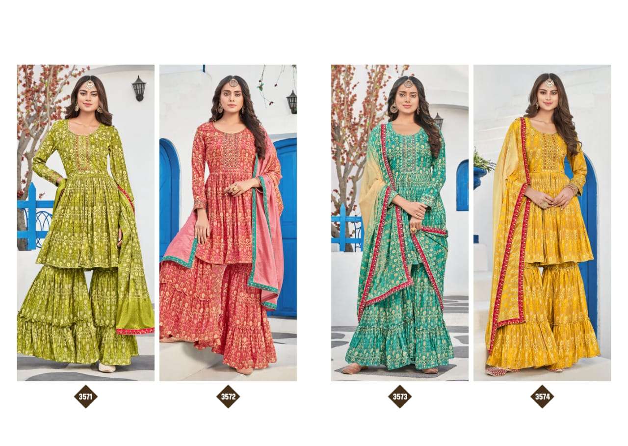 RIWAAZ BY RANGOON 3571 TO 3574 SERIES BEAUTIFUL SHARARA SUITS COLORFUL STYLISH FANCY CASUAL WEAR & ETHNIC WEAR PURE MUSLIN DIGITAL PRINT DRESSES AT WHOLESALE PRICE