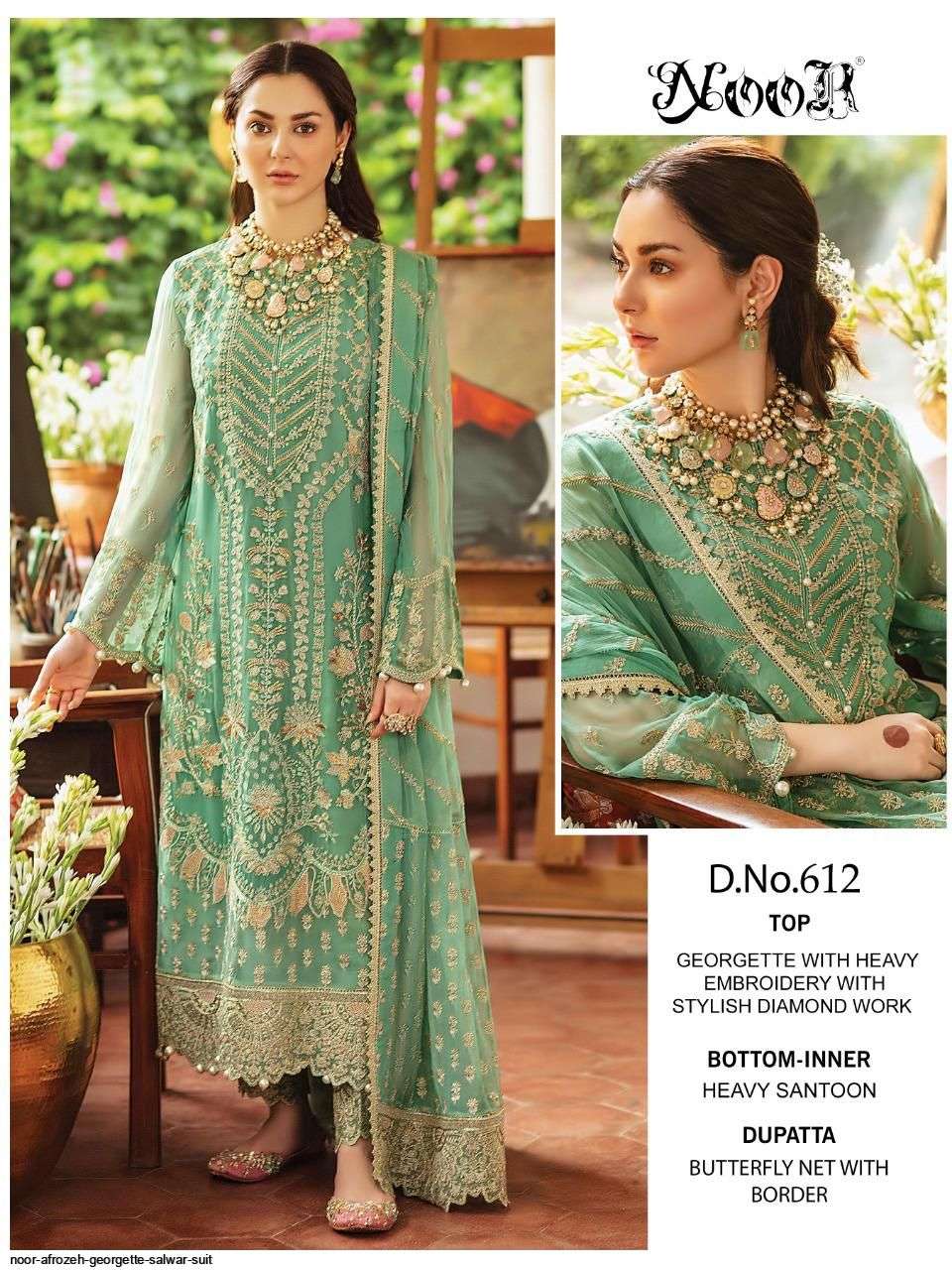 AFROZEH BY NOOR 612 TO 614 SERIES PAKISTANI STYLISH BEAUTIFUL COLOURFUL PRINTED & EMBROIDERED PARTY WEAR & OCCASIONAL WEAR GEORGETTE EMBROIDERED DRESSES AT WHOLESALE PRICE