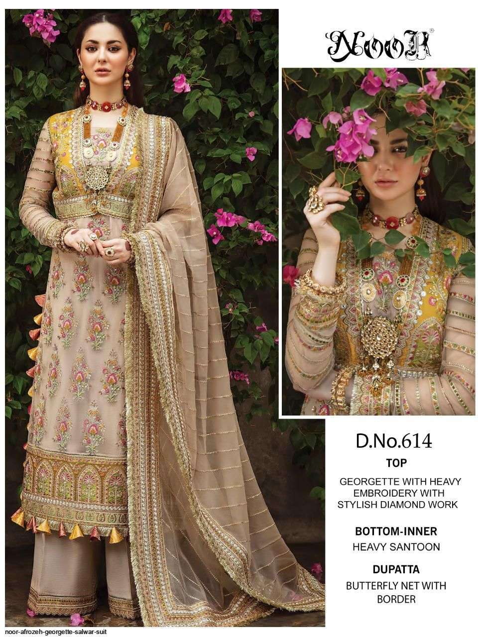 AFROZEH BY NOOR 612 TO 614 SERIES PAKISTANI STYLISH BEAUTIFUL COLOURFUL PRINTED & EMBROIDERED PARTY WEAR & OCCASIONAL WEAR GEORGETTE EMBROIDERED DRESSES AT WHOLESALE PRICE