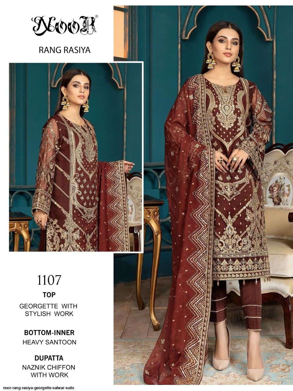 RANG RASIYA BY NOOR 1107 TO 1009 SERIES PAKISTANI STYLISH BEAUTIFUL COLOURFUL PRINTED & EMBROIDERED PARTY WEAR & OCCASIONAL WEAR GEORGETTE EMBROIDERED DRESSES AT WHOLESALE PRICE