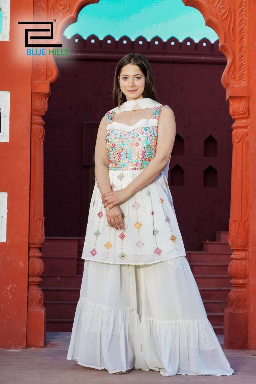 WEDDING SEASON BY BLUE HILLS 01 TO 04 SERIES BEAUTIFUL SHARARA SUITS COLORFUL STYLISH FANCY CASUAL WEAR & ETHNIC WEAR FAUX GEORGETTE DRESSES AT WHOLESALE PRICE