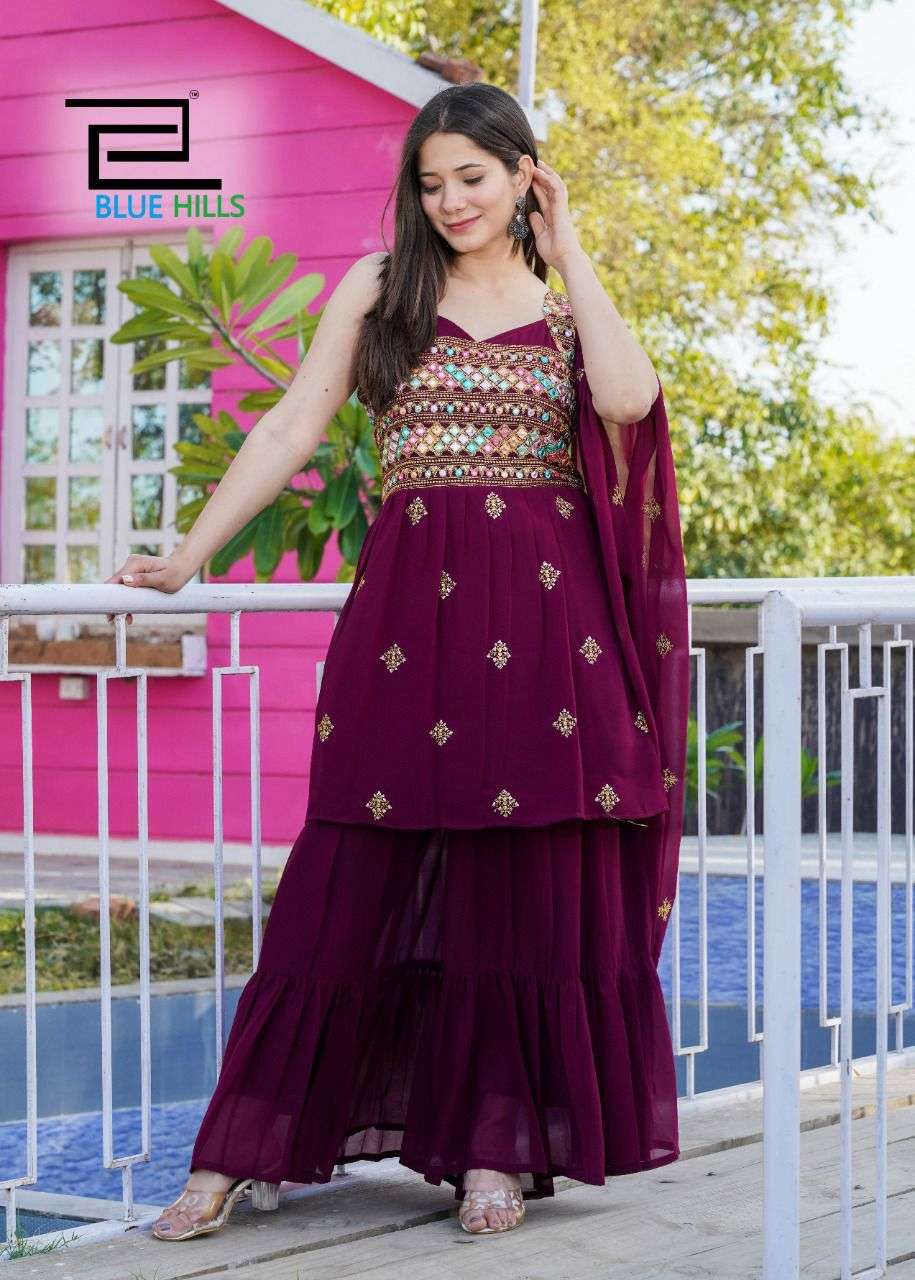 WEDDING SEASON BY BLUE HILLS 01 TO 04 SERIES BEAUTIFUL SHARARA SUITS COLORFUL STYLISH FANCY CASUAL WEAR & ETHNIC WEAR FAUX GEORGETTE DRESSES AT WHOLESALE PRICE