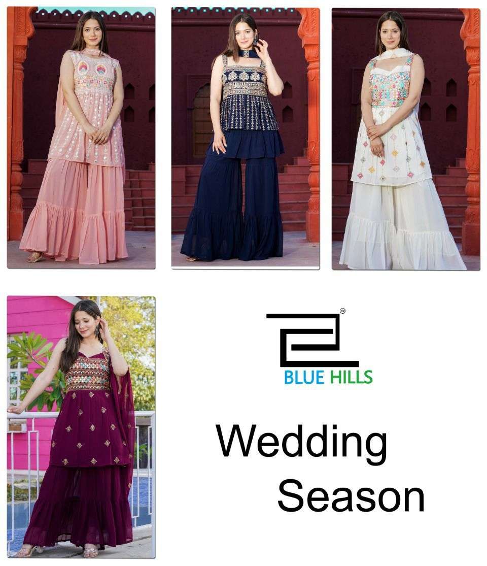 WEDDING SEASON BY BLUE HILLS 01 TO 04 SERIES BEAUTIFUL SHARARA SUITS COLORFUL STYLISH FANCY CASUAL WEAR & ETHNIC WEAR FAUX GEORGETTE DRESSES AT WHOLESALE PRICE