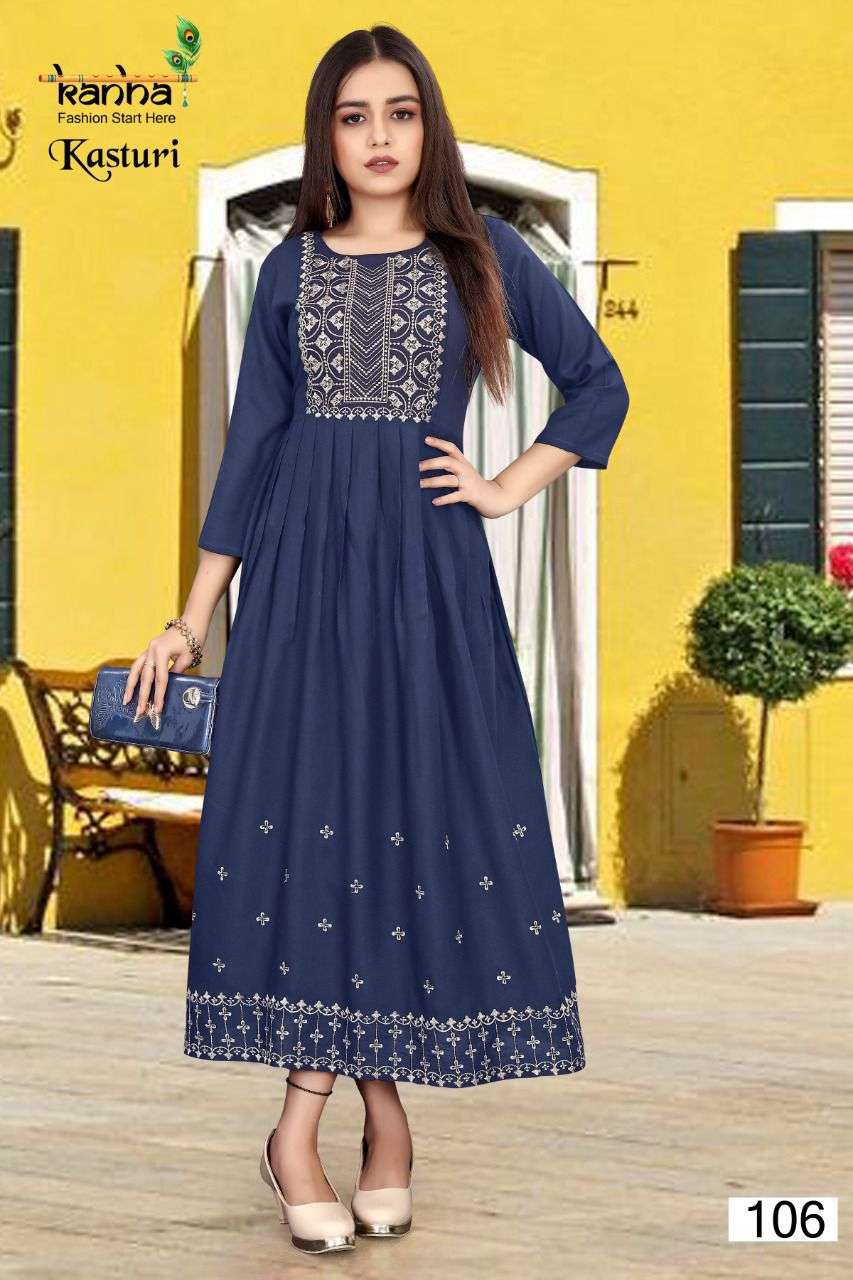 KASTURI BY KANHA 101 TO 106 SERIES DESIGNER STYLISH FANCY COLORFUL BEAUTIFUL PARTY WEAR & ETHNIC WEAR COLLECTION RAYON EMBROIDERY KURTIS AT WHOLESALE PRICE