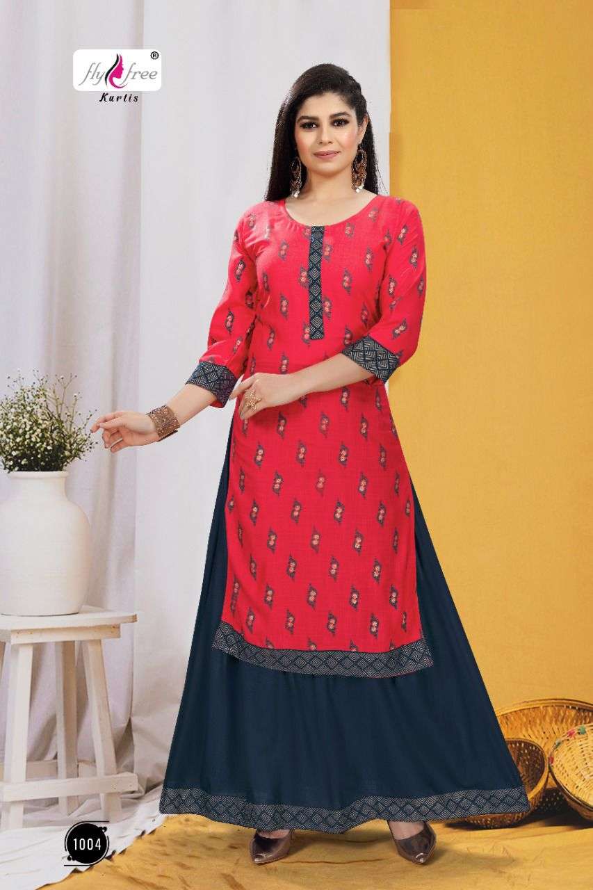 KANAK BY FLY FREE 1001 TO 1008 SERIES DESIGNER STYLISH FANCY COLORFUL BEAUTIFUL PARTY WEAR & ETHNIC WEAR COLLECTION RAYON KURTIS WITH BOTTOM AT WHOLESALE PRICE