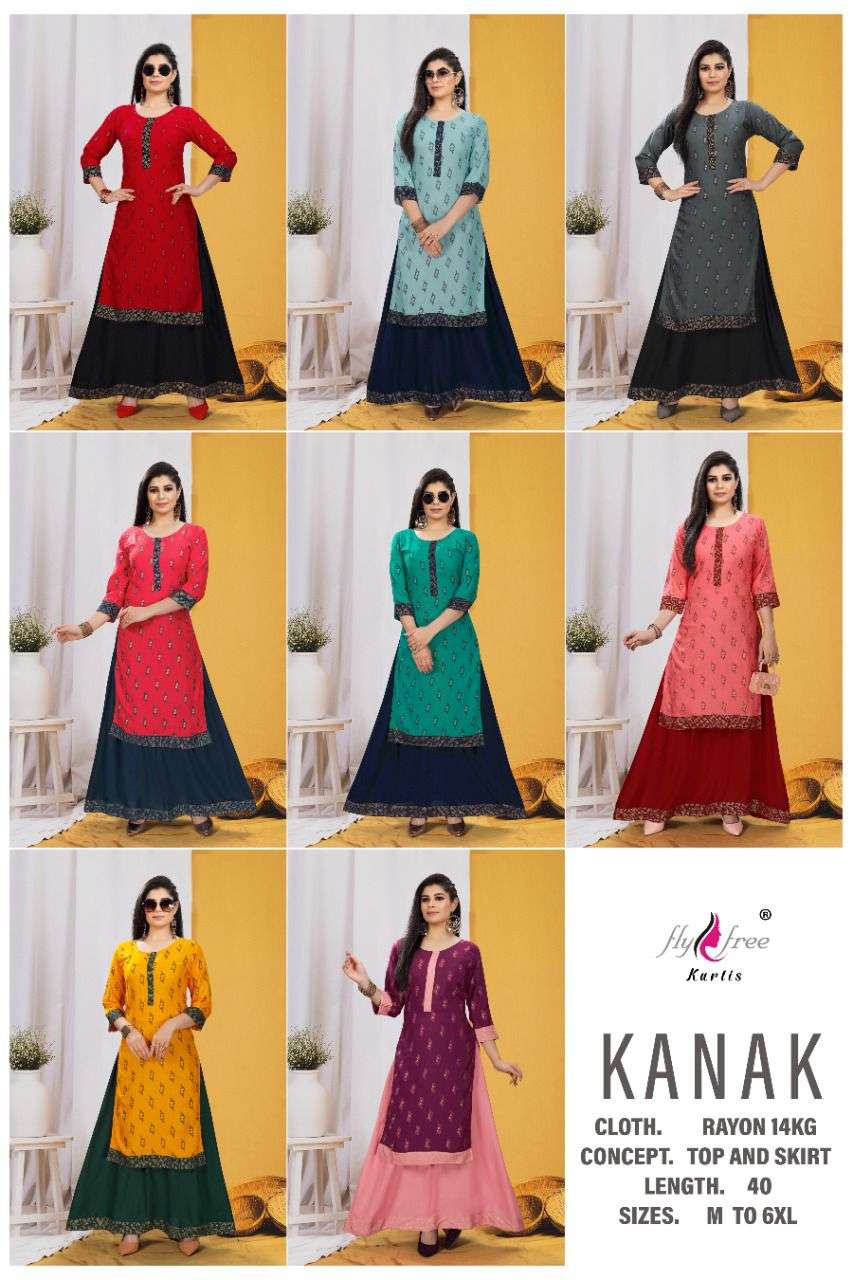 KANAK BY FLY FREE 1001 TO 1008 SERIES DESIGNER STYLISH FANCY COLORFUL BEAUTIFUL PARTY WEAR & ETHNIC WEAR COLLECTION RAYON KURTIS WITH BOTTOM AT WHOLESALE PRICE