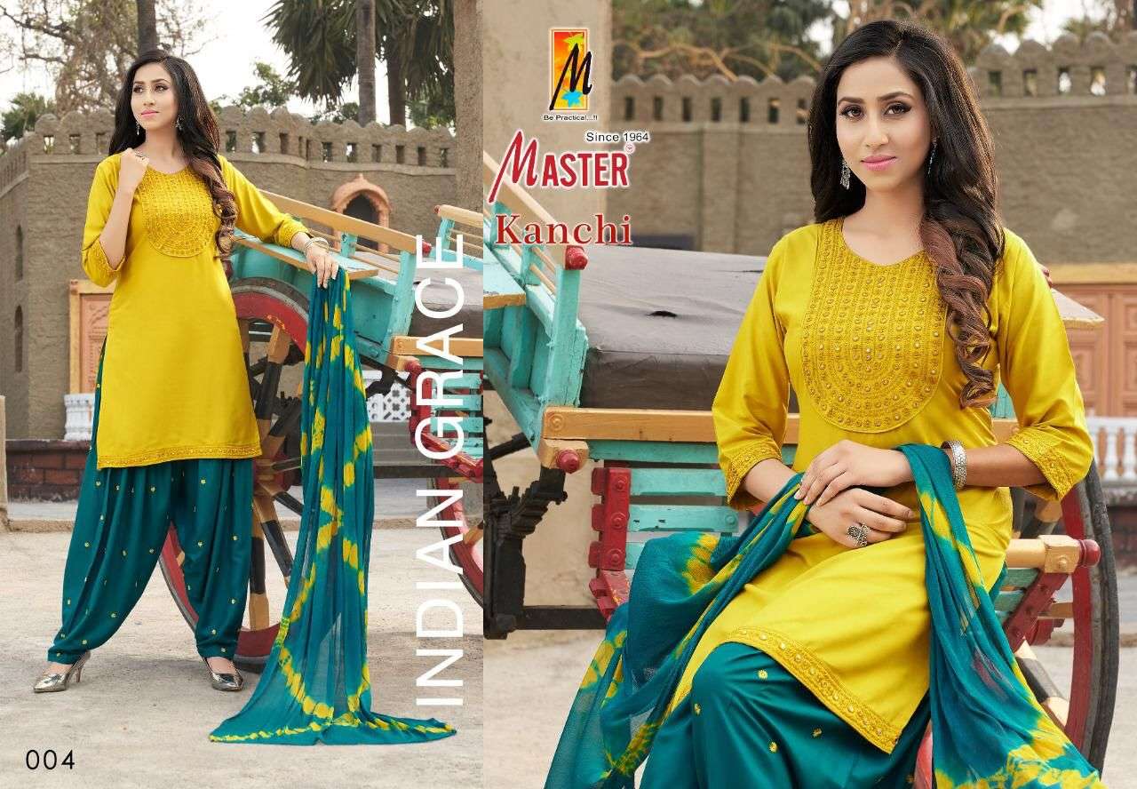 KANCHI BY MASTER 001 TO 08 SERIES BEAUTIFUL PATIYALA SUITS COLORFUL STYLISH FANCY CASUAL WEAR & ETHNIC WEAR RAYON DRESSES AT WHOLESALE PRICE