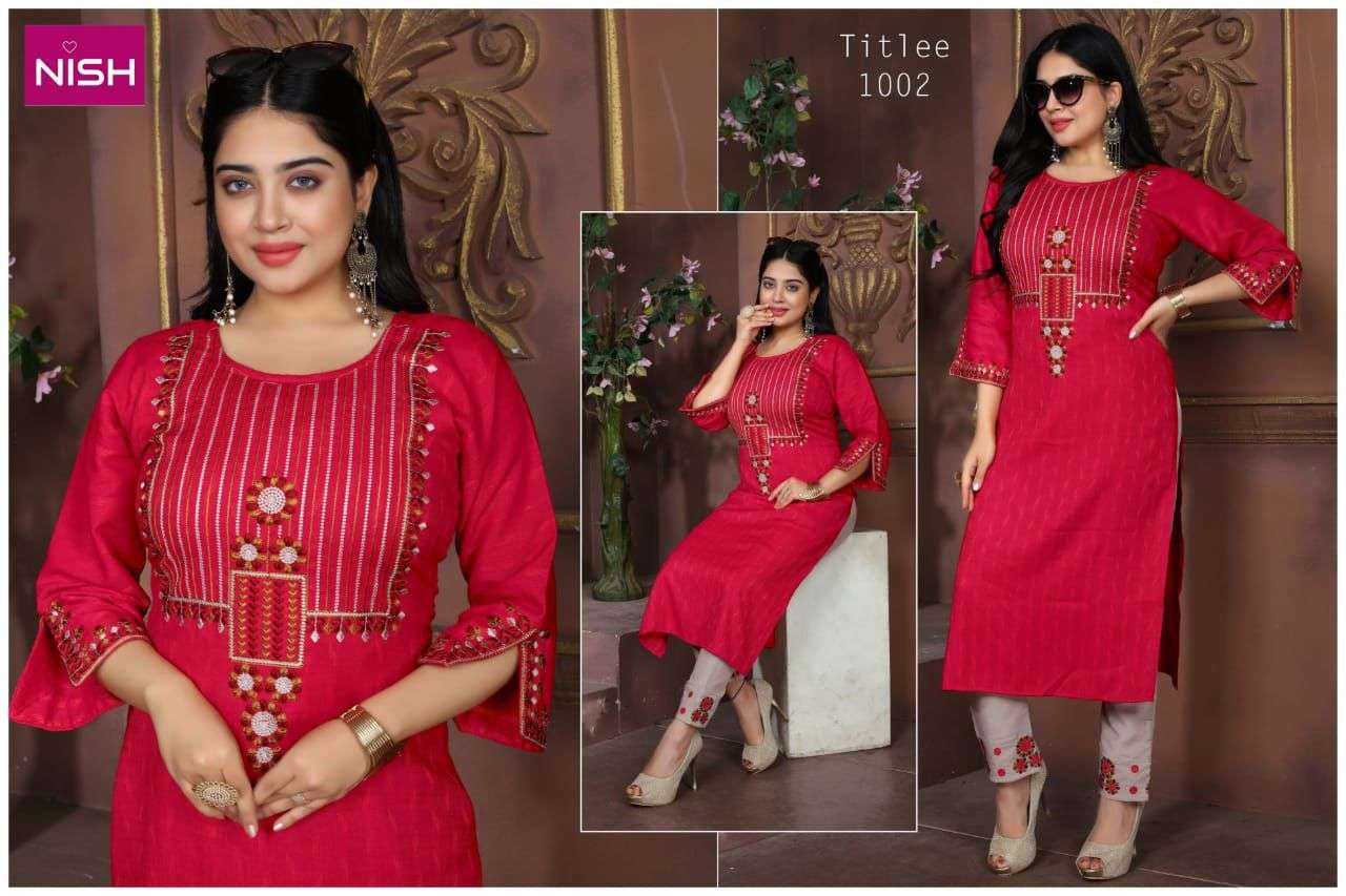 TITLEE BY NISH 1001 TO 1006 SERIES DESIGNER STYLISH FANCY COLORFUL BEAUTIFUL PARTY WEAR & ETHNIC WEAR COLLECTION HEAVY RAYON KURTIS WITH BOTTOM AT WHOLESALE PRICE