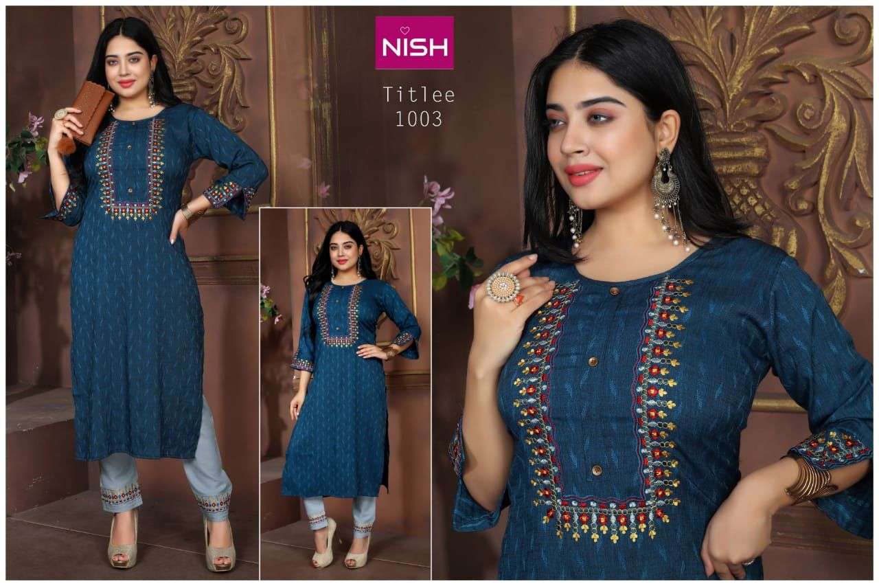 TITLEE BY NISH 1001 TO 1006 SERIES DESIGNER STYLISH FANCY COLORFUL BEAUTIFUL PARTY WEAR & ETHNIC WEAR COLLECTION HEAVY RAYON KURTIS WITH BOTTOM AT WHOLESALE PRICE