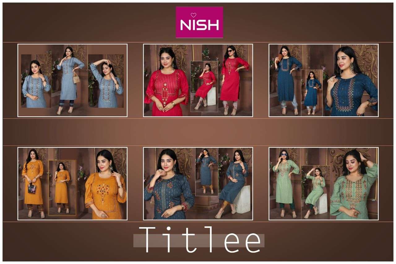 TITLEE BY NISH 1001 TO 1006 SERIES DESIGNER STYLISH FANCY COLORFUL BEAUTIFUL PARTY WEAR & ETHNIC WEAR COLLECTION HEAVY RAYON KURTIS WITH BOTTOM AT WHOLESALE PRICE