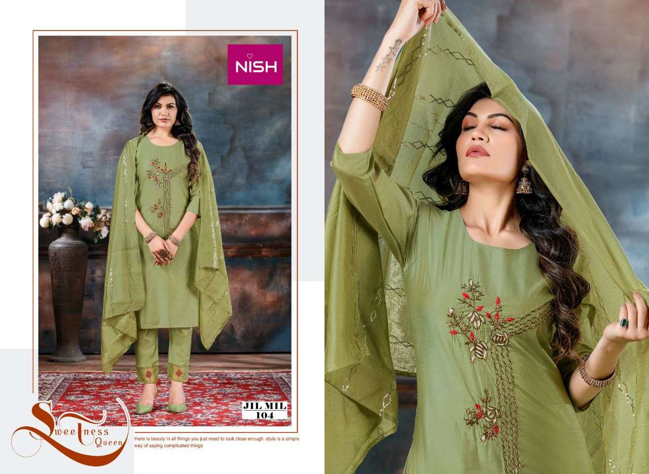 JIL MIL BY NISH 101 TO 106 SERIES BEAUTIFUL SUITS COLORFUL STYLISH FANCY CASUAL WEAR & ETHNIC WEAR PURE SILK DRESSES AT WHOLESALE PRICE
