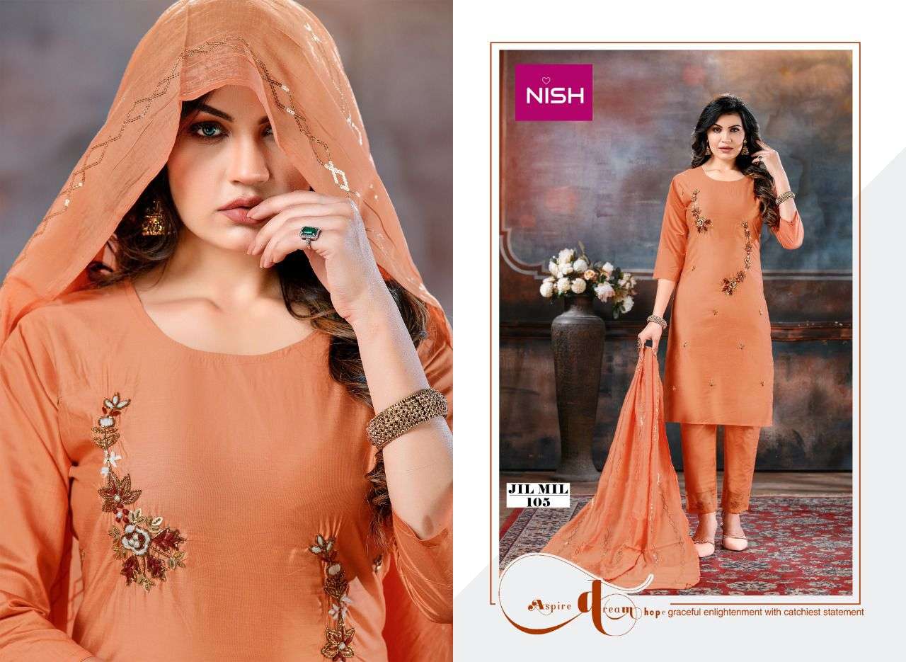 JIL MIL BY NISH 101 TO 106 SERIES BEAUTIFUL SUITS COLORFUL STYLISH FANCY CASUAL WEAR & ETHNIC WEAR PURE SILK DRESSES AT WHOLESALE PRICE