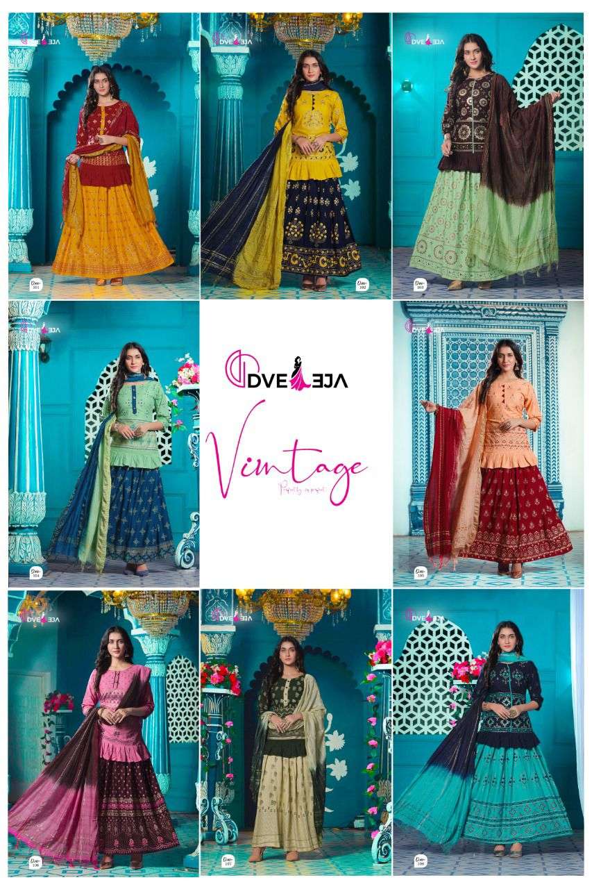 VINTAGE BY DVEEJA 101 TO 108 SERIES BEAUTIFUL SUITS COLORFUL STYLISH FANCY CASUAL WEAR & ETHNIC WEAR RAYON FOIL PRINT DRESSES AT WHOLESALE PRICE