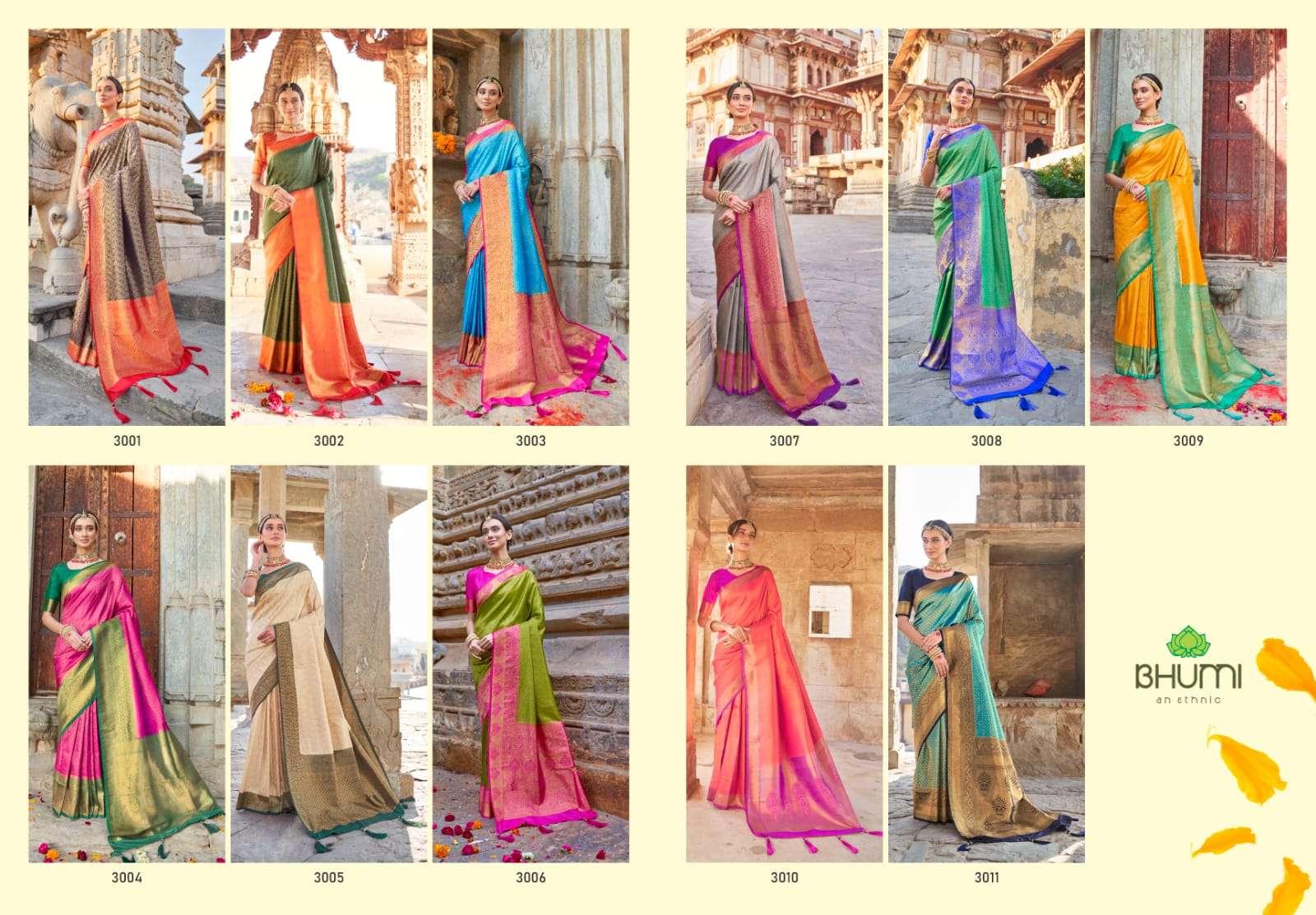 BHUMI 3001 SERIES BY BHUMI 3001 TO 3011 SERIES INDIAN TRADITIONAL WEAR COLLECTION BEAUTIFUL STYLISH FANCY COLORFUL PARTY WEAR & OCCASIONAL WEAR SOFT SILK SAREES AT WHOLESALE PRICE