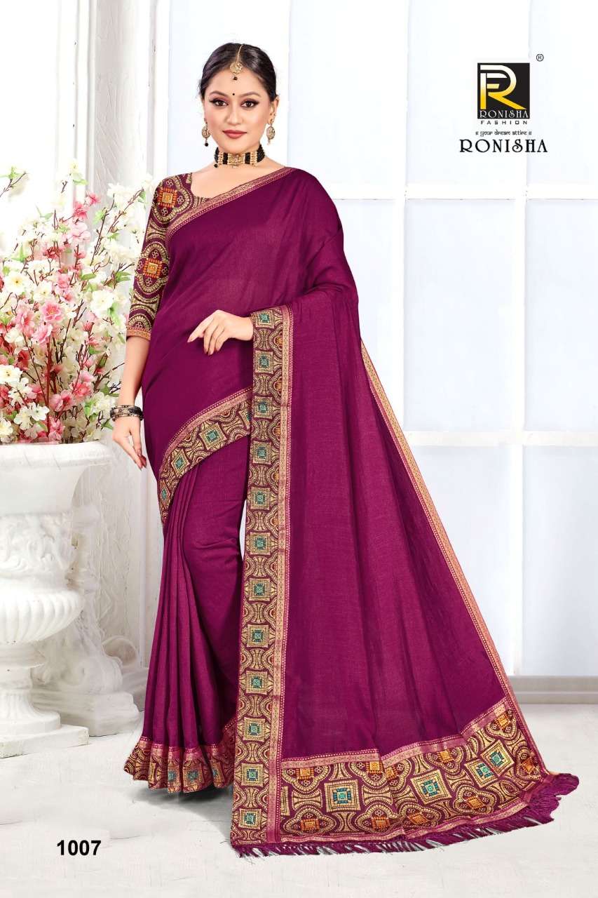 SHANAYA BY RONISHA FASHION 1001 TO 1008 SERIES INDIAN TRADITIONAL WEAR COLLECTION BEAUTIFUL STYLISH FANCY COLORFUL PARTY WEAR & OCCASIONAL WEAR VICHITRA SILK SAREES AT WHOLESALE PRICE