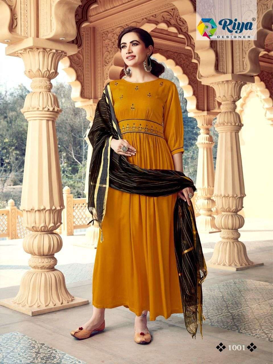 GHOOMAR BY RIYA DESIGNER 1001 TO 1005 SERIES BEAUTIFUL STYLISH FANCY COLORFUL CASUAL WEAR & ETHNIC WEAR RAYON GOWNS WITH DUPATTA AT WHOLESALE PRICE