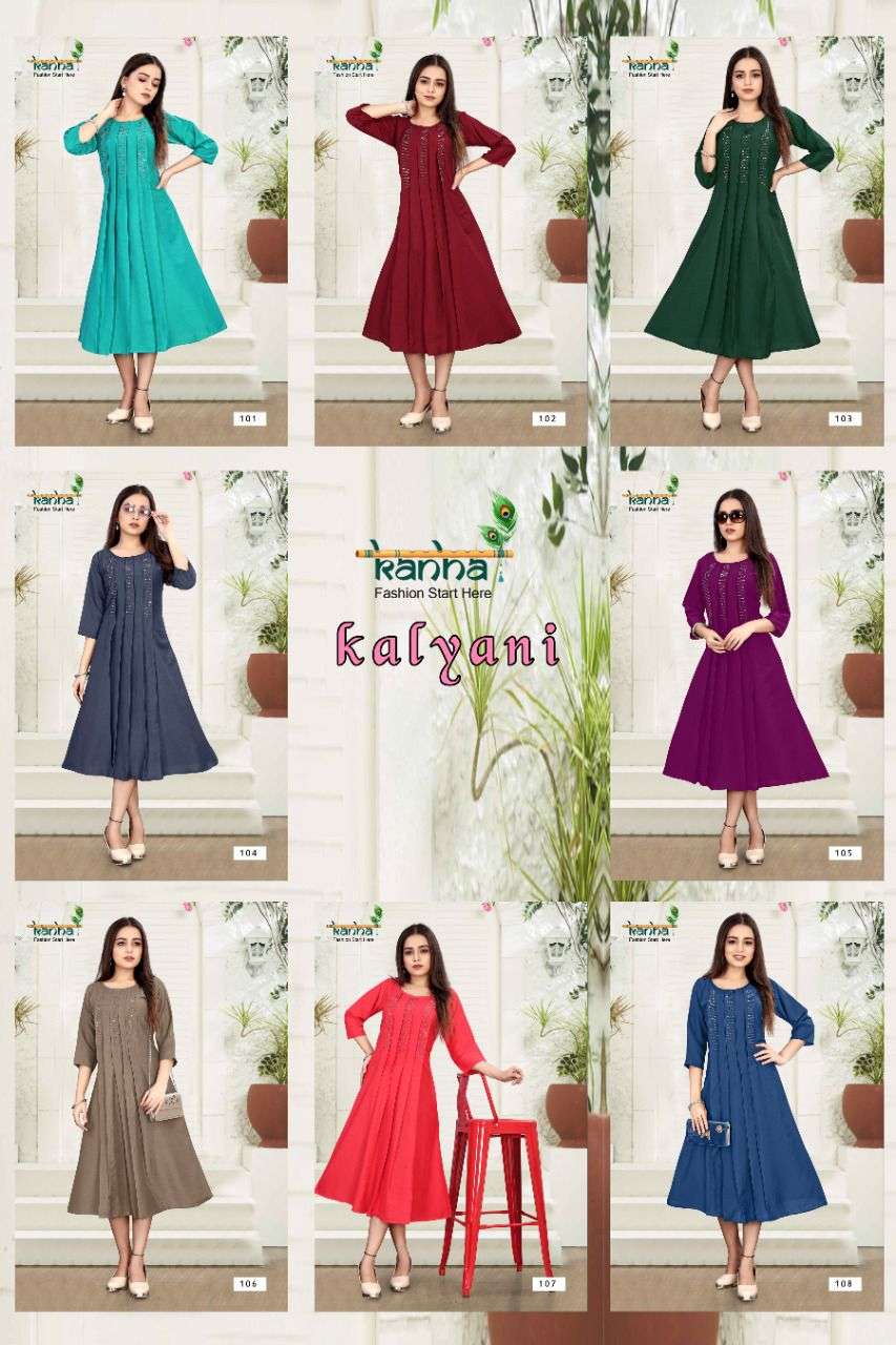 KALYANI BY KANHA 101 TO 108 SERIES DESIGNER STYLISH FANCY COLORFUL BEAUTIFUL PARTY WEAR & ETHNIC WEAR COLLECTION CHINNON KURTIS AT WHOLESALE PRICE