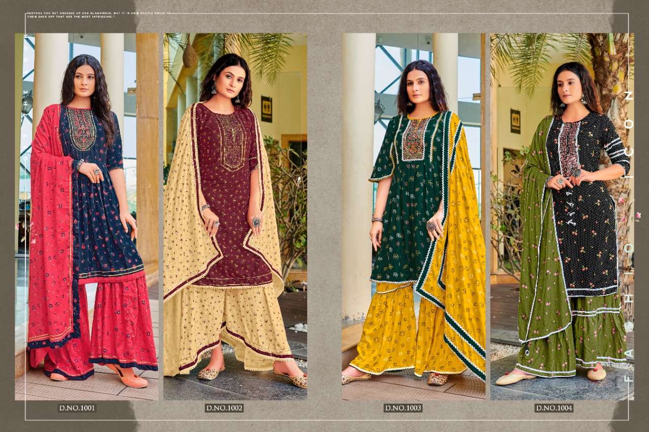 HEER-ZAARA BY ART RIDDHS 1001 TO 1004 SERIES BEAUTIFUL SHARARA SUITS COLORFUL STYLISH FANCY CASUAL WEAR & ETHNIC WEAR PURE VISCOSE RAYON DRESSES AT WHOLESALE PRICE
